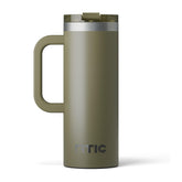 RTIC travel mug front view showing olive finish and branding for easy identification