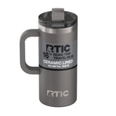 RTIC travel mug front view showing graphite finish and compact design benefits