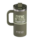 RTIC road trip travel mug front view showing olive finish and compact profile for portability