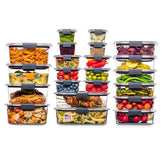 Rubbermaid Brilliance clear front packaging showing multiple container sizes and lids for organized storage