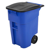 Rubbermaid BRUTE front view showing 50 gal capacity and sturdy handle for easy rolling