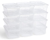 Rubbermaid front view of 12‑pack showing uniform clear bins for tidy storage