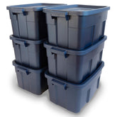 Rubbermaid Roughneck front view of six dark indigo metallic totes showing durable storage