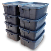 Rubbermaid Roughneck front view of 8-pack showing durable construction and secure lids