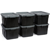 Rubbermaid Roughneck front view of 6-pack showing durable lids and colors for organized storage