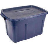 Rubbermaid Roughneck front view of four-pack showing durable dark indigo metallic bins and lids for organized storage