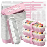 Ruckae front view of 100-pack pink mini loaf pans showing packaging and quantity benefit