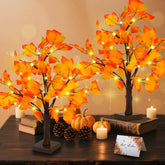 S-Union front view of both fall trees showing compact, lighted decoration benefits