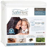 SafeRest full encasement cover shown on queen mattress protecting fully