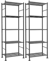 Sakugi front view of both assembled 5-tier shelves showing compact footprint and organized storage benefit