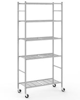 Sakugi front view of assembled 5-tier silver shelf showing compact footprint and storage benefit
