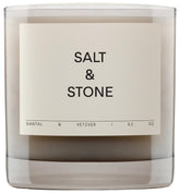Salt & Stone front glass jar candle showing label and elegant design for décor