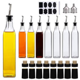 Salzesfalls front view of eight glass oil dispensers showing set and caps for organized storage