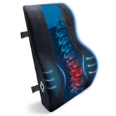 Samsonite front view of lumbar pillow showing shape and black mesh, enhances seated comfort