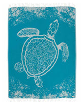 Sand Cloud front view of XL towel showing full Teal Crush Turtle design and coverage