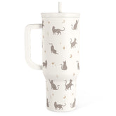 SANDJEST 40oz tumbler front view showing cat design and capacity benefit