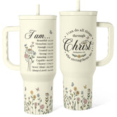 SANDJEST front view of 40oz Christian tumbler showing design and sturdy base benefiting everyday use