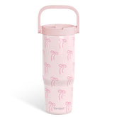 SANDJEST front view of pink bow tumbler showing style and capacity