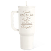 SANDJEST tumbler front view showing book-themed print and large capacity for long reading sessions
