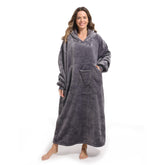 SANDOLONI front view oversized hoodie showing roomy fit and buttoned front for warmth