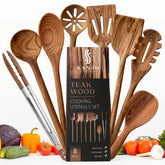 SANJH front packaging view showing full 8-piece teak utensil set and complete contents