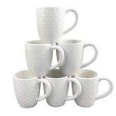 Schliersee front view of six white ceramic mugs showing patterns and cohesive set benefits