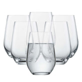 Schott Zwiesel front view of six Forté tumblers showing clear crystal and even height