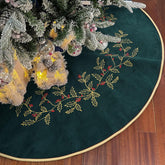 Scritism front view of dark green velvet tree skirt showcasing elegant base