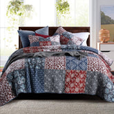 Secgo king quilt front view showing burgundy patchwork and inviting texture