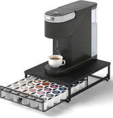 Sedegn front view with Keurig showing organized storage benefit
