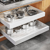 Seinloes front view of two white expandable pull-out organizers showing size