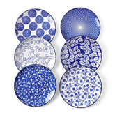 Selamica front view of six plates showing vintage blue design and entertaining appeal