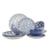 Selamica front view of vintage blue 12-piece set showing plates and bowls, elegant table presentation