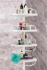 Sempicad front view of white tension pole caddy showing organized baskets and tidy storage