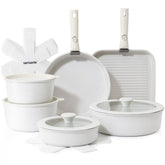 SENSARTE front view of 17-piece white cookware set showcasing full contents and benefits