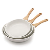 SENSARTE front view of three white frying pans showing sizes and sleek finish, highlights convenience