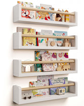Seocry front view of four white floating shelves showcasing organized storage benefit