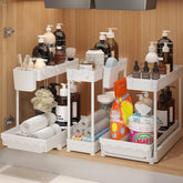 sevenblue front view of assembled 2-tier L-shaped organizers showing tidy storage benefit