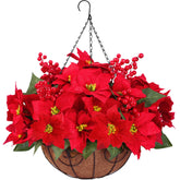 Sggvecsy hanging basket front view showing festive red poinsettias and holly berries