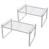 Shantton front view of white shelf riser showing clean storage and visibility