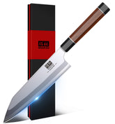SHAN ZU front view of 8-inch chef knife showing full blade and handle, clear balance benefit