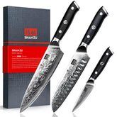 SHAN ZU front view of three-piece set showing polished Damascus blades and gift box benefit: attractive presentation
