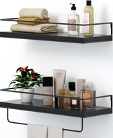 Shario front view of black floating shelves showing sleek modern storage benefit