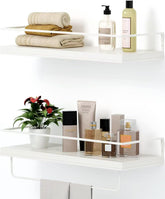 Shario front view of rustic white shelves showing clean floating design and storage benefit