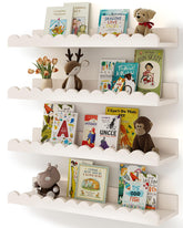 Shario front view white floating shelves showing tidy book display and safe storage