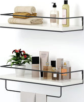 Shario front view white floating shelves showing clean storage benefit