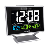 Sharp front color display showing time and calendar for clear bedside viewing