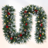 Shearly front view of 9ft garland showing full snow-frosted greenery and festive appeal