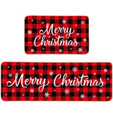 Shihanee front view of red buffalo plaid Christmas mat set showing Merry Christmas design