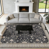 shinefly front view of 5x7 rug showing vintage botanical design and elegant tones
